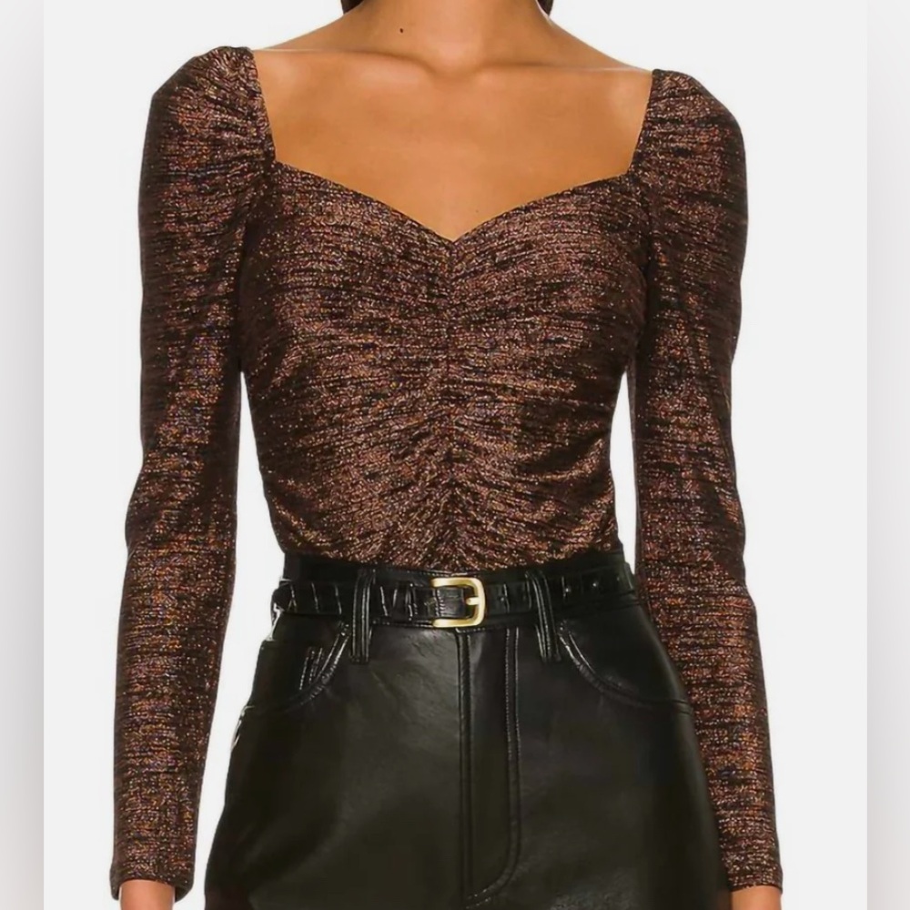 MINKPINK Imane Ruched Top - NWT - Size S Puff Sleeve Metallic Cropped Blouse